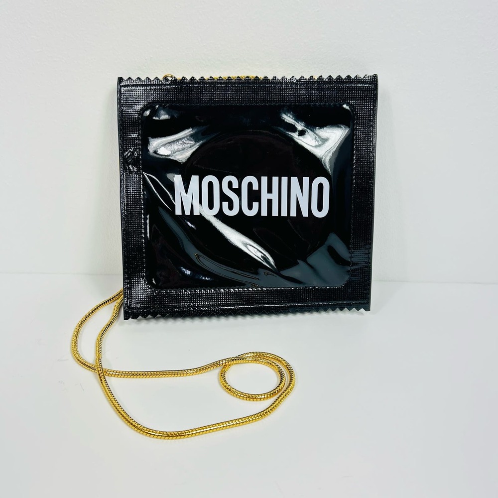 Moschino H&M Black Faux Patent Leather Square Purse Clutch Gold Chain